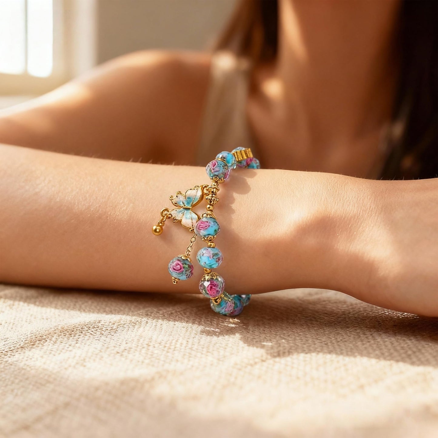 Buddha Stones Blue Butterfly Charm Bracelet for Women, Liuli Flower Healing Bracelet with 8mm Floral Beads, Pastel Stretch Bracelets Jewelry Gifts for Her Mother