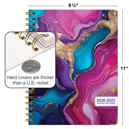 HARDCOVER Academic Year 2026-2027 Planner: 14 Months (May 2026 Through June 2027) 8.5"x 11" Daily Weekly Monthly Planner Yearly Agenda. Bookmark, Pocket Folder and Sticky Note Set (Pink Purple Marble)