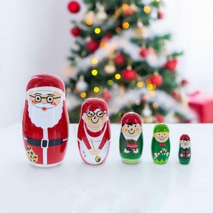 BestPysanky Set of 5 Santa, Mrs. Claus, Elf & Snowman Wooden Nesting Dolls 4.75 Inches