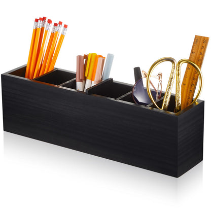 Jetec Wooden Pencil Pen Holder for Desk 6 Compartments Wood Office Desk Organizers for Countertop Adjustable Makeup Brush Organizer Silverware Caddy for Party, Home, Art Supplies(Black)