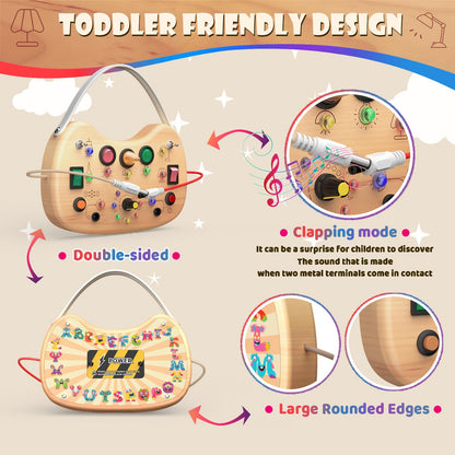 UdoUto Montessori Wooden Busy Board for Toddlers with LED Light Lights & Switches,Portable Activity Board for Car & Airplane Travel Toys, Christmas & Birthday Gift for 1-3 Year Old Boys & Girls