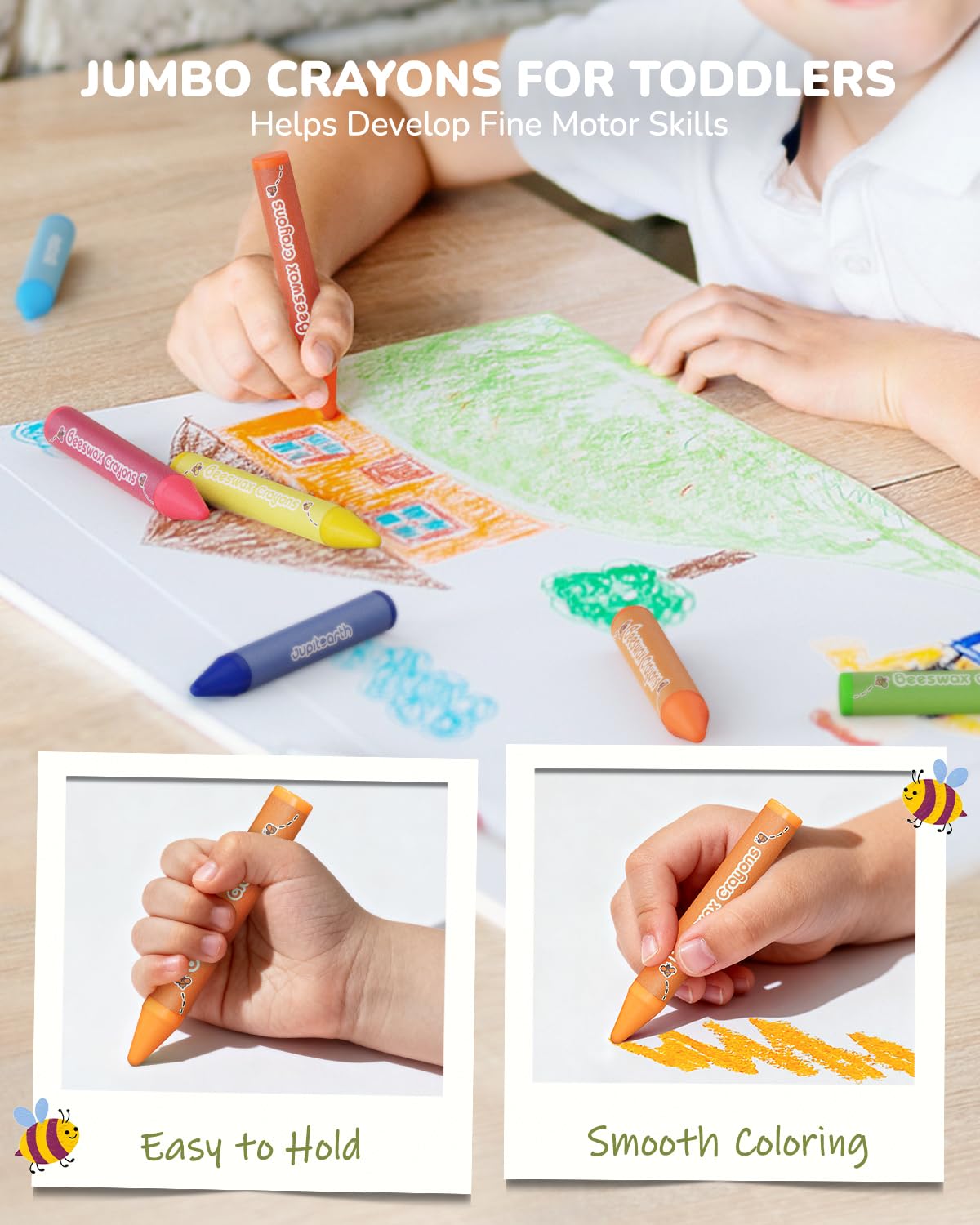 JUPITEARTH Beeswax Crayons for Toddlers 1–3, 18 Non-Toxic Silky Crayons, Jumbo and Washable Crayon, Easy to Hold, Safe for Kids, Mess-Free Coloring for Preschool Art Supplies, Ages 2–4, 4–8