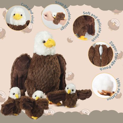 XYHQYB 4 Pcs Bald Eagle Stuffed Animal Plush, Zippered Large Mommy Stuffed Eagle Plush with 3 Baby Bald Eagles Toys, Wild Zoo Animals Gifts for Kids Boys Girls Birthday Easter Stuffers Christmas