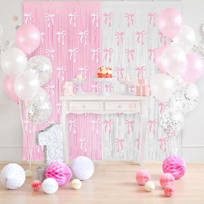 4 Pack Pink Bow Party Backdrop Decoration Pink Bow Foil Fringe Curtains for Girls Bow Birthday Baby Shower Decorations Bridal Shower Bachelorette Party Decor Supplies 3.2ft X 8.2ft