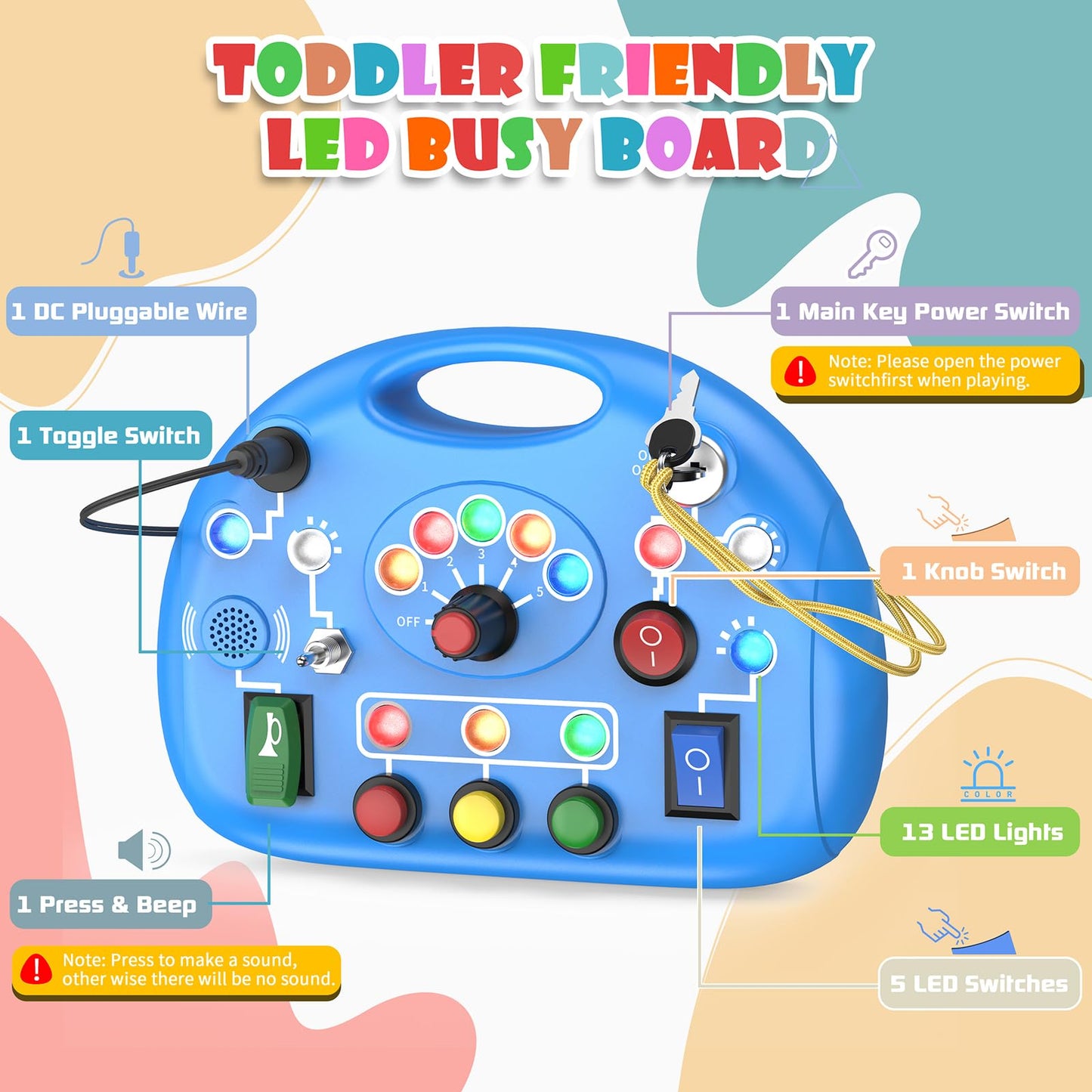 JIWORT Busy Board with LED Light, Montessori Busy Board for 1+ Year Old, Sensory Toys with Sound and Switches, Fidget Board for Kids Electronic Early Development Toys Boys Birthday (Blue)