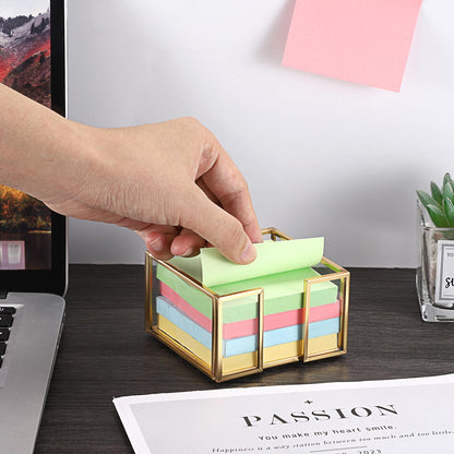 BTSKY Golden Glass Sticky Note Holder for 3x3 Inch Sticky Notes, Elegant Post It Note Dispenser with Non-Slip Pads Clear Notepad Holder for Desk Organization Planning, Home Office Decor