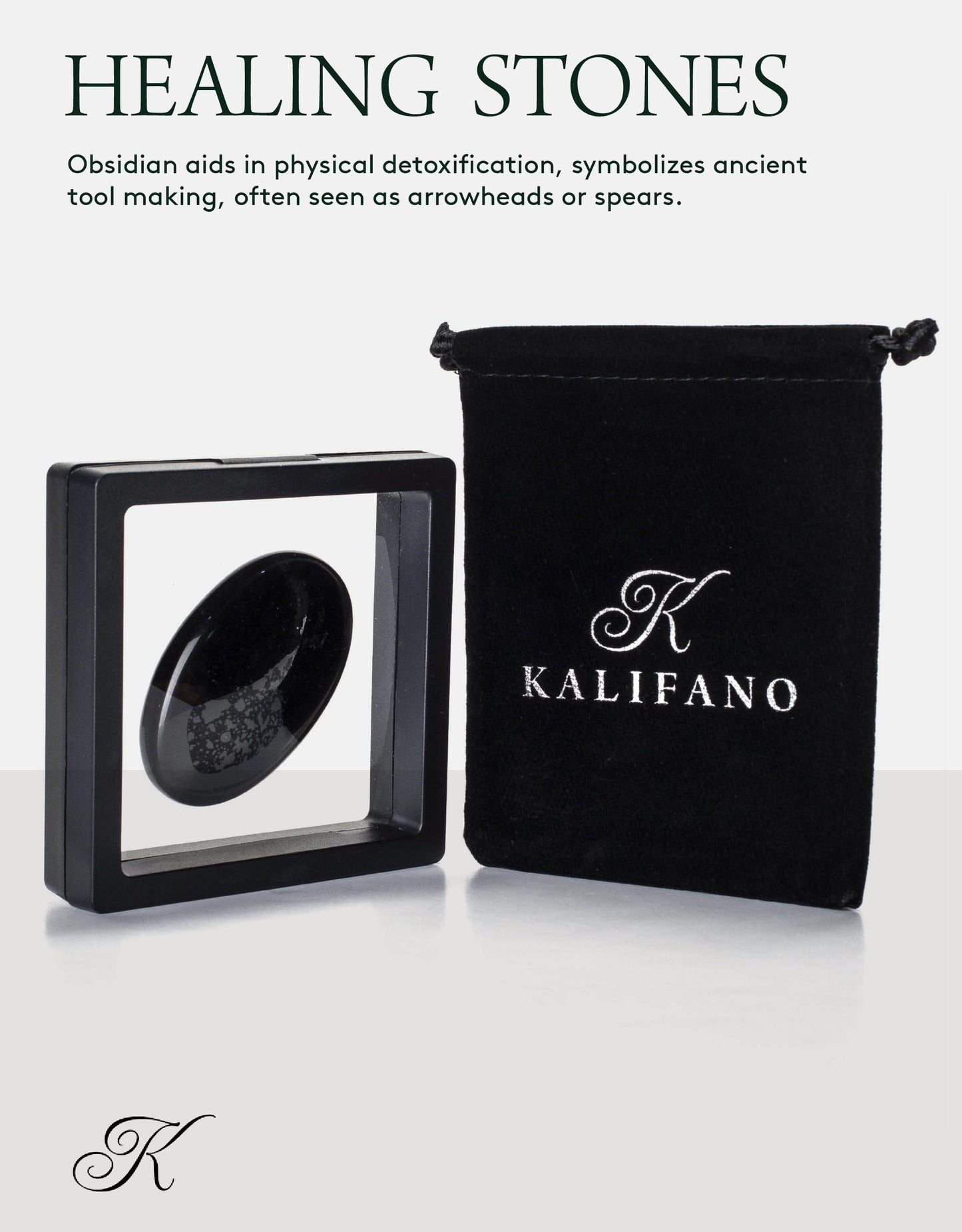 KALIFANO Obsidian Palm Stone with Healing & Calming Effects - High Energy Obsidiana with Information Card - Reiki Worry Crystal Used for Detoxification (Family Owned and Operated)