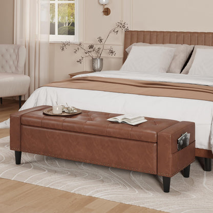 60" Storage Ottoman Bench, Faux Leather Bed Bench with Tufted Buttons and Nailhead Trim, Large Upholstered Ottoman with Storage for King Size End of Bed, Bedroom, Living Room, Entryway, Hallway, Brown