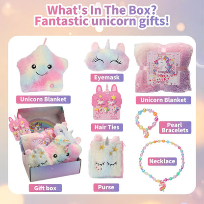 FIIOEOY Unicorn Gift Box for Girls Age 6-8, Unicorn Plush Toy Set with Glow in The Dark Blanket Light Up Star Pillow Eye Mask Crossbody Bag, Birthday Gifts for Daughter Niece