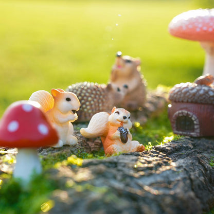 Delighture Fairy Garden Accessories, 7 Pieces Squirrel & Hedgehog Resin Figures with Acorn & Mushroom, Handmade Miniature Decor, Garden Miniatures and Home Decorations, Perfect DIY Gift