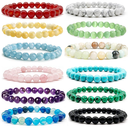 SROBENZ 12 PCS Gemstone 8mm Round Beaded Bracelet Set Healing Crystal Stone Stretch Bracelets for Women Men Round Beads Elastic Bracelets
