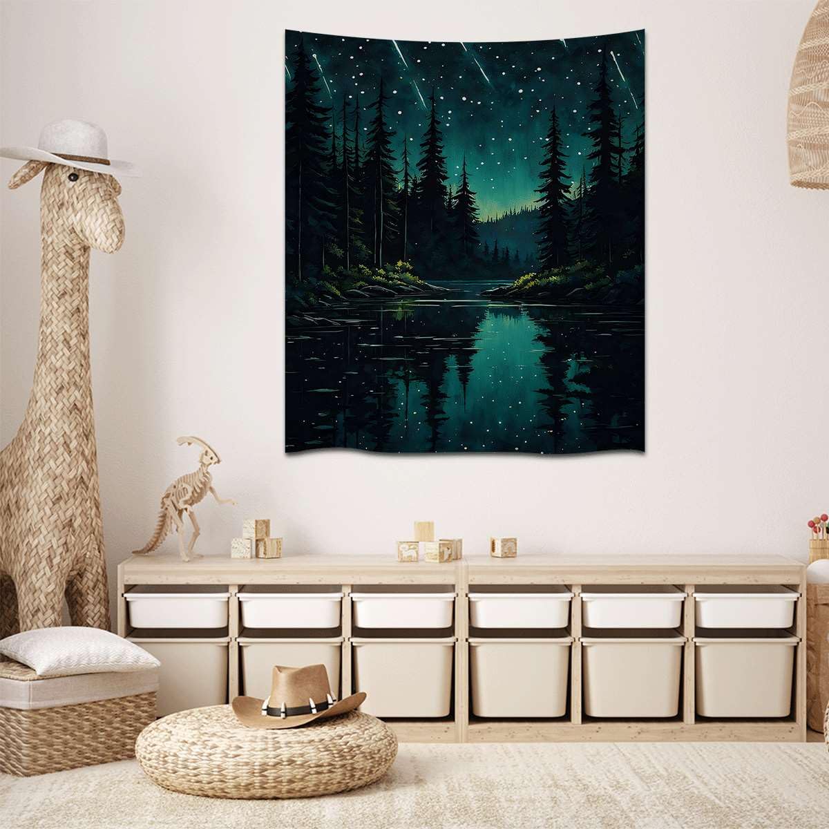 Mystical Enchanted Forest Tapestry Aesthetic Wall Hanging Tapestries Wall Decor Moody Night Sky with Meteor Showers over Lake for Bedroom Living Room Dorm Gallery (WCDOY53,40" L x 30" W)
