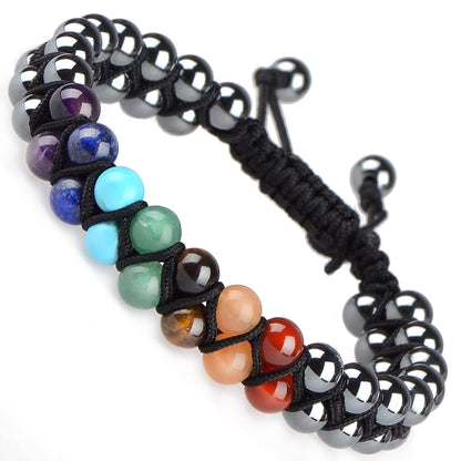 MASSIVE BEADS Natural Chakra Healing Power Crystals Macrame Bracelet Yoga Double Layer Stone Beads Gemstone Meditation Relax Anxiety Bangle for Unisex Women Men (7-Chakras&Hematite, 6mm)