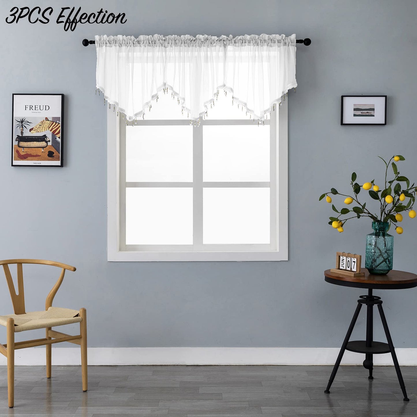 Beaded Triangle Sheer Valance Curtains for Living Room,Rod Pocket Farmhouse Window Valance, Bead Trim Tassel Voile Sheer Curtain Valance for Bedroom Bathroom Cafe 51x24 Inches (Ivory) 1PC