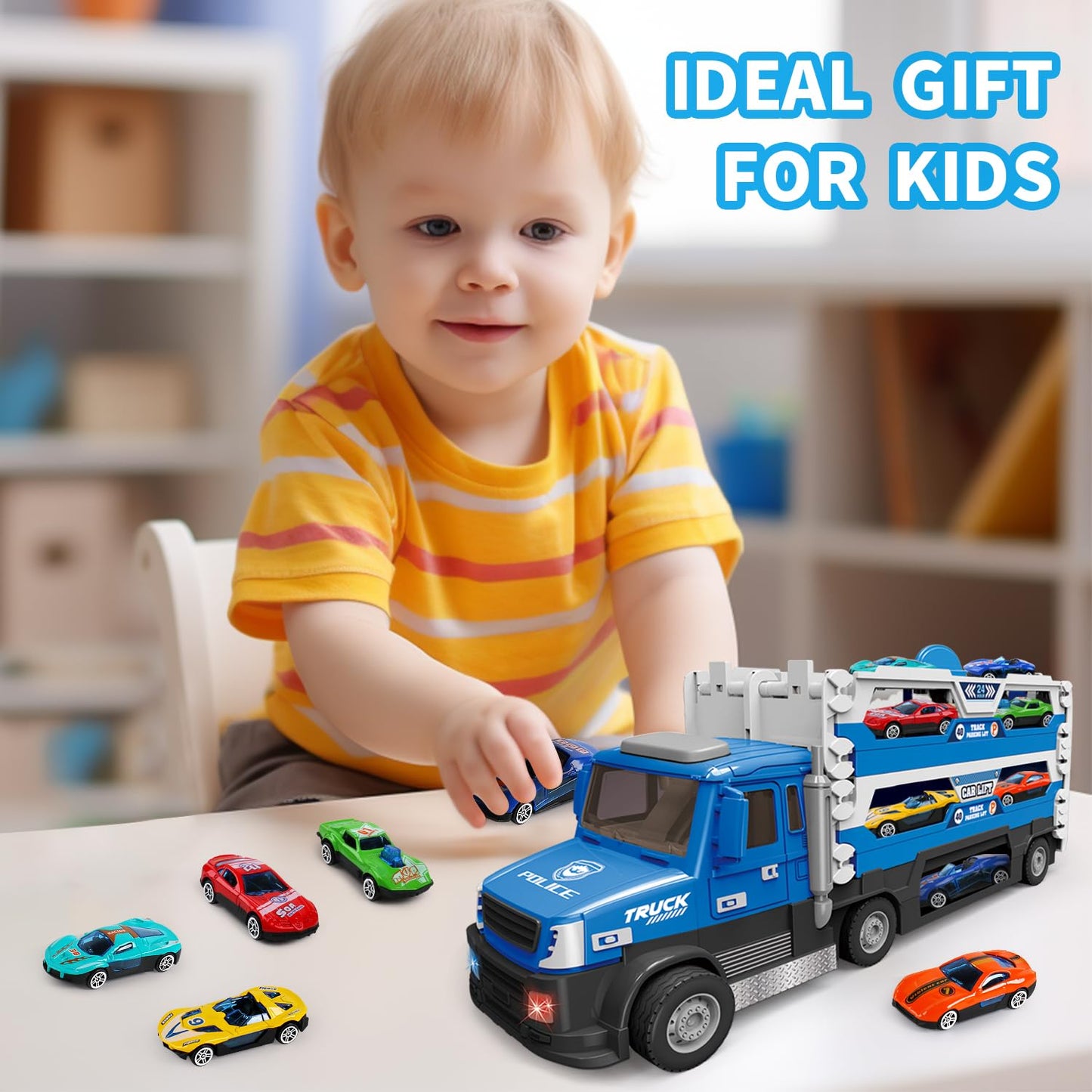 DOWELLIN 6 in 1 Transport Truck Toys for Kids, Police Trucks Carrier Cars with 6Pcs Metal Race Car with Light&Sounds, Toddler Vehicles Toys Gifts for Boys Girls Age 3 4 5 6 7 8-Blue
