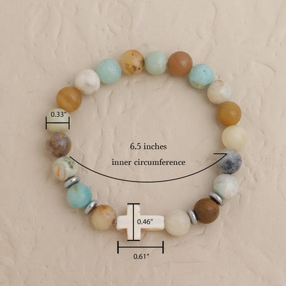 Frigotine Cross Amazonite Beaded Stretch Protection Bracelet for Woman, Handmade Healing Natural Stone Chakra Beads Elastic Bracelets Catholic Religious Accessories Fashion Jewelry Gift