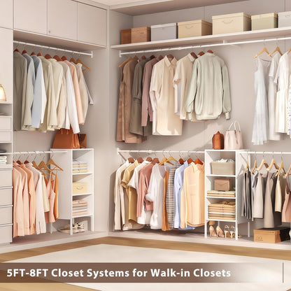 Small Closet System with Shelves, 5FT-8FT Closet Organizer System, Wooden Shelves for Closet with 2 Hanging Rods, Walk-in Closet Organizer, Adjustable Wardrobe Clothes Rack, Garment Rack, Pure White