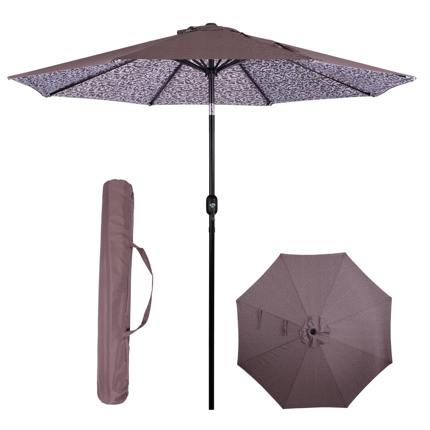 Backyard Expressions 9 Ft Patio Umbrella with Push Button Tilt and Crank System - UV Resistant Polyester Fabric, Market Umbrella with 8 Sturdy Ribs - Tan Double Sided