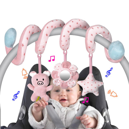 SAMMAS Car Seat Toys, Infant Baby Pink Pig Spiral Activity Hanging Toys Stroller Toys for Car Seat Stroller Bar Crib Bassinet Mobile with Mirror BB Squeaker and Rattles