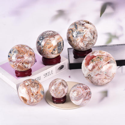 JIC Gem Natural Striped Agate Crystal Sphere Healing Crystal Decorative Ball with Wooden Stand Meditation Balls for Witchcraft Reiki Gift 50-60mm