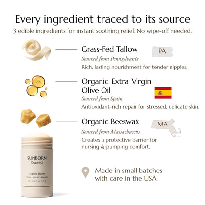 Sunborn Organics Nipple Balm | Nursing-Safe Lanolin-Free Nipple Cream with 3 Edible Ingredients for Sore or Cracked Nipples | Safe for Baby, No Wipe-Off, Third-Party Tested | Made in USA