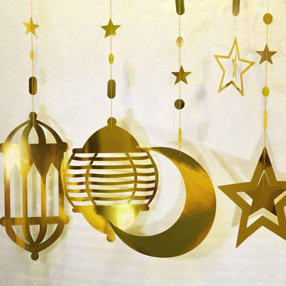 Cheerland Ramadan Decorations Gold Star Moon Lantern Garland Pre-Assembled Shining Hanging Ramadan Mubarak Eid Decorations Banner Streamer for Eid Mubarak Decor Home Party Supplies 16 Pcs