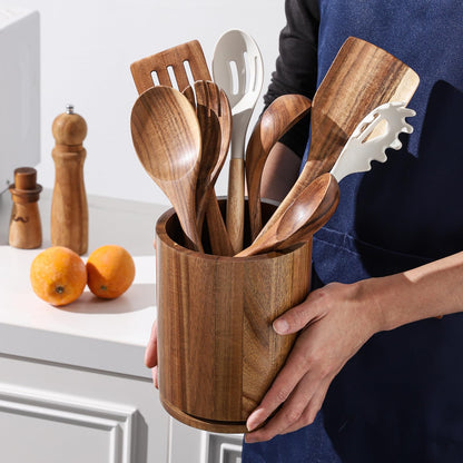 gorsent Wooden Utensil Holder, 360°Rotating 7.3'' Large Utensil Holder for Kitchen Counter, Kitchen Utensil Organizer, Utensil Crock, Farmhouse Kitchens Countertop Decor, Acacia Wood
