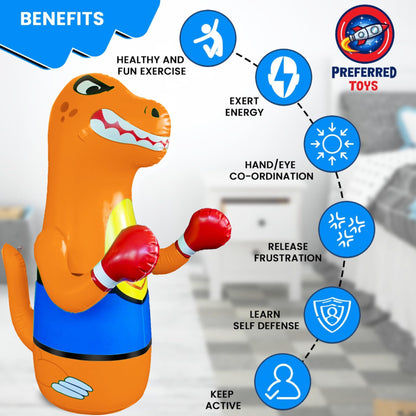 Preferred Toys 47" Inflatable Dinosaur Punching Bag for Kids - Durable Blow Up Kids Punching Bag with Bounce Back Base - Inflatable Indoor Outdoor Active Toddler Bop Play Toy - Orange