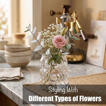 2PCS Small Bubble Glass Bud Vase: Light Weight Short Wide Mouth Crystal Clear Vase - Mini Aesthetic Funky Vase for Hydroponic Plants, Dried Flowers, Table Centerpiece, Coffee Side & Desk Modern Decor