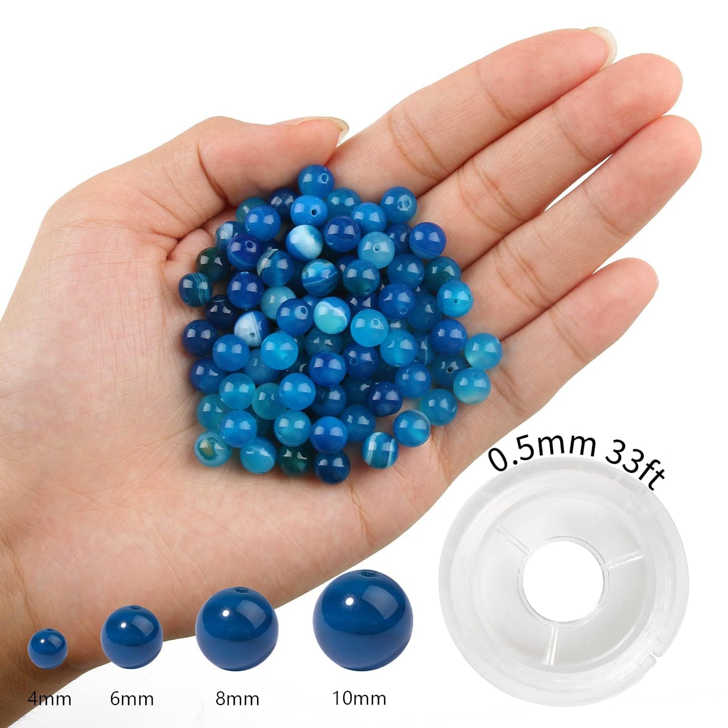 NITOPUPU 100Pcs 10mm Natural Smooth Blue Striped Agate Beads Round Loose Gemstone Stone Beads for Jewerly Making with Crystal Stretch Cord