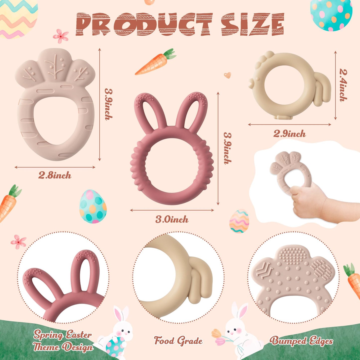 Easter Silicone Teethers for Babies - 2ooya 2Pcs Bunny Chick Carrot Infant Teething Chew Toys, Toddler Sore Gums Pain Relief Toy for Newborn Boy and Girl Spring Easter Baby Shower Birthday Gifts