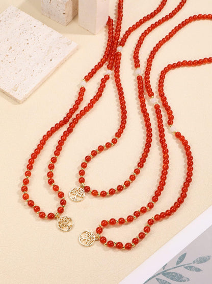 Jovivi 108 Mala Beads Bracelet Necklace, Natural Red Agate Healing Crystal Stones Prayer Beads Yoga Meditation Gemstone Necklace Gold Copper Tree Life Pendant