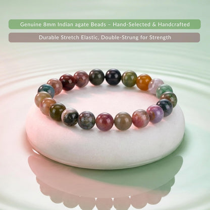 Cherry Tree Collection Indian Agate Beaded Bracelet – Genuine 8mm Gemstone Stretch Bracelet for Men & Women – Handmade Crystal Bracelet - (Indian Agate - M)