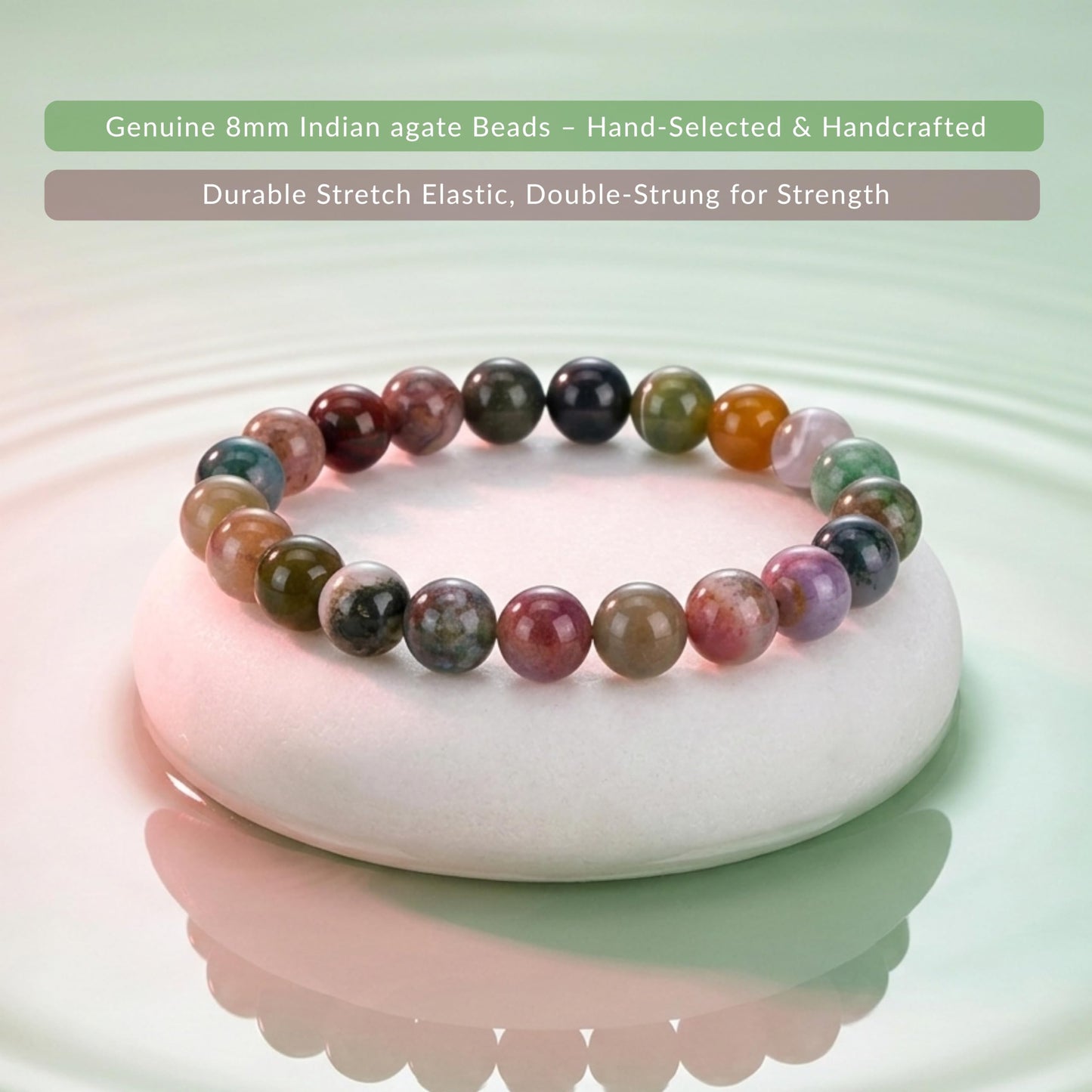 Cherry Tree Collection Indian Agate Beaded Bracelet – Genuine 8mm Gemstone Stretch Bracelet for Men & Women – Handmade Crystal Bracelet - (Indian Agate - S)