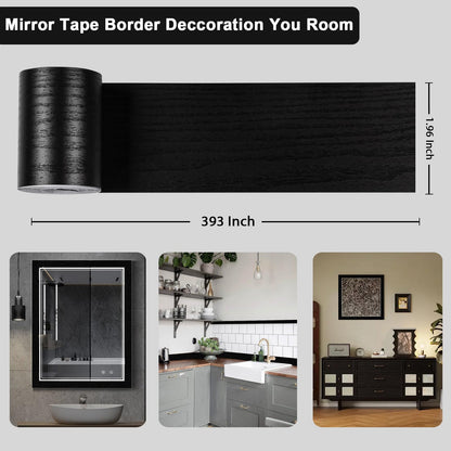 Alened 10M Black Wood Grain Mirror Frame Border Peel and Stick Wallpaper, Removable PVC Waterproof Bathroom Mirror Tape Sticker Trim, Kitchen Wallpaper Self Adhesive Decor Sticker 2" x 393"