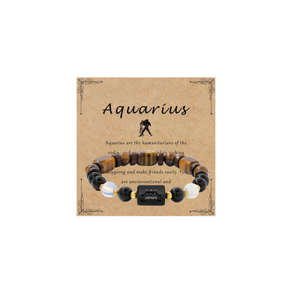 Zodiac Aquarius Black Obsidian And Opal Bracelets for Women Men-8mm Tiger Eye Beads Healing Crystals Mens Jewelry Anxiety Relief Bracelets for Valentine's Day Mother's Day Christmas Birthday Gifts