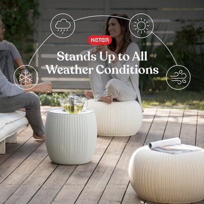 Keter Urban Knit Pouf Ottoman Set of 2 with Storage Table for Patio and Room Décor - Perfect for Balcony, Deck, and Outdoor Seating, Grey & White