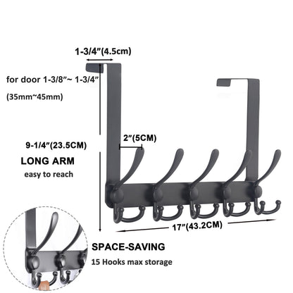 Dseap Over The Door Hook Hanger - Fits 1 3/8" to 1 3/4" Standard Doors | 5 Tri Hooks Heavy Duty Towel/Coat Rack | Door Organizer for Clothes, Jackets, Hats, Towels, Black