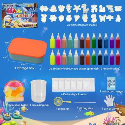 DIY Magic Gel Water Pets Sensory Play,Easy-To-Mold Aqua Fairy Water Gel Kit,Non-Fading Fine Motor Skills Craft,Relaxing Healing Activity for Rainy Days,Bath Time & School Projects(24 bottles 20 molds)
