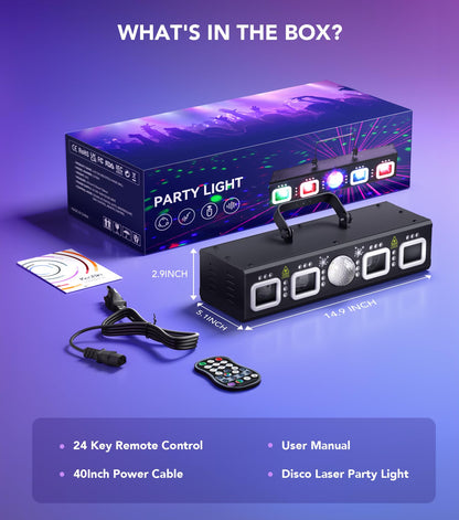 KeoBin DJ Lights for Parties, Pro 6 in 1 DMX & Sound Activated Laser Light Show Machine with Disco Ball Light, RGBW & UV Strobe Party Lights Indoor for Rave Club Dance Bar Gig DJ Lighting