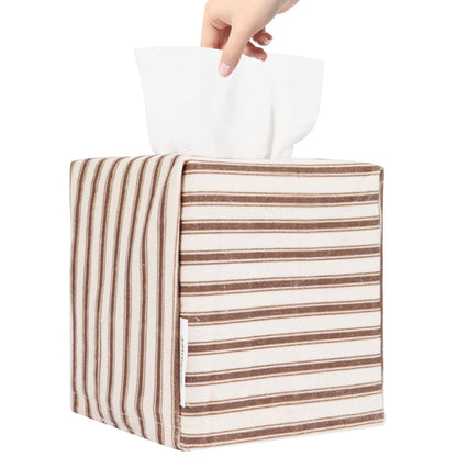 Tissue Box Cover, Fabric Tissue Box Holder Square, Stylish Reusable Toilet Paper Storage, Modern Bathroom Counter Organizer Decorations Accessories,Ticking Stripe 5''x5''x5'' (Light Brown)
