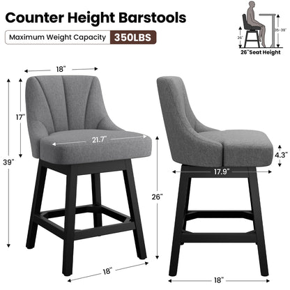 REONEY Swivel Bar Stools Set of 3, Fabric Upholstered Counter Height Barstool, 26" Modern Kitchen Island Chairs with Back and Solid Wood Legs for Home Bar Dining Room, Dark Grey