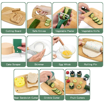 17 PCS Kids Knife Set for Real Cooking, Montessori Kitchen Tools for Toddlers, Cooking and Baking Set for Kids Little Chefs, Crinkle Cutter, Cutting Board, Safe Knife