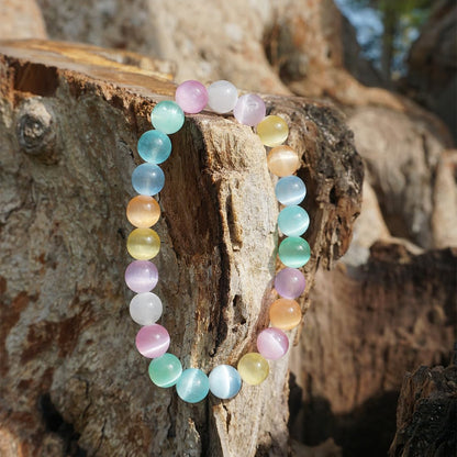 8mm Rainbow Selenite Bracelet - Iridescent Natural Crystal | Handmade Meditation Bracelet with Cat-Eye Effect | Come with Beading Tool Kit - Adjustable to 6.5-7.5 inches Wrist Size