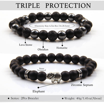 GDLKPYHS Black Obsidian Bracelets for Men - Elephant Bracelet - Tourmaline Beaded Bracelets, 8MM Black Onyx Hematite Lava Stone Beads Triple Protection Bracelet for Men Women Gifts