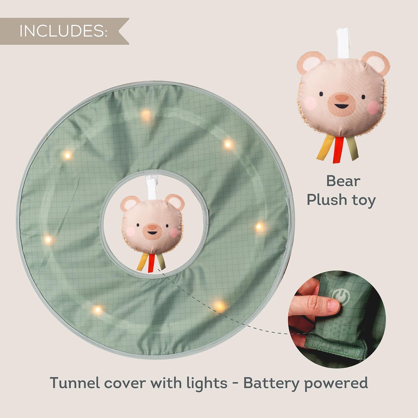 Taf Toys Play Light Tunnel Tent for Toddlers 1-3 - Baby Tunnel with Plush Bear - Engage Senses & Encourage Crawling - Twinkling Lights & Dual Light Modes - Kids Toddler Tunnels Crawl Indoor & Outdoor