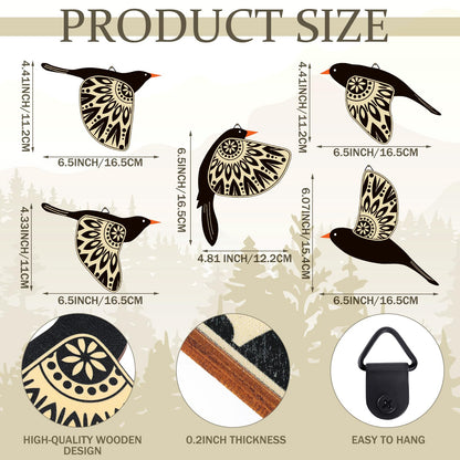 Barydat 5 Pcs Wooden Bird Wall Art Wood Flying Birds Wall Decor Rustic Folk Art Scandinavian Home Decor for Gift Living Room Bedroom Kitchen Office(Black)