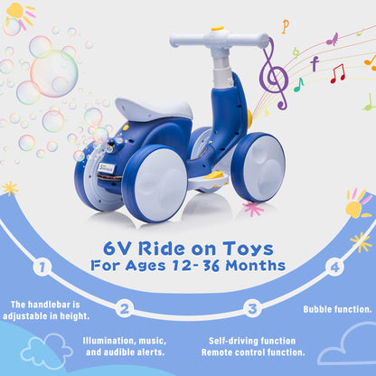 JoyRydz 6V Electric Baby Balance Bike with Bubble Machine,4 in 1 Toddler Balance Bike w/Remote Control for 1 Year Old Boys Girls Kids Bubble Bike Ride on Toys w/Powered Motor,Music,LED Lights (Blue)