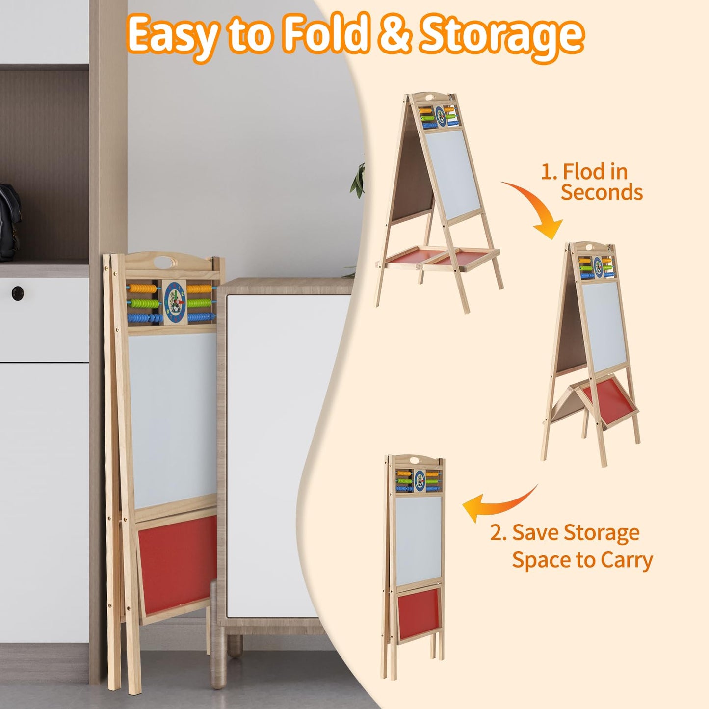Kids Wooden Easel with Abacus, Double Sided Magnetic Drawing Board Dry Erase Whiteboard & Chalkboard， Foldable Easel for Toddlers 2-4 Years Painting Easel Kids 3-6