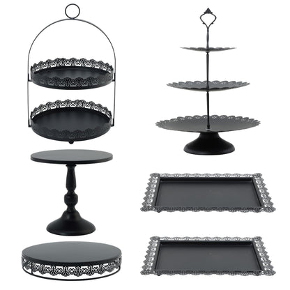 6 Pcs Black Cake Stands Set, QENUIITEA Cake Display Pedestal Tiered Cupcake Holder Dessert Plate Serving Tower Tray Decorative for Wedding Birthday Party Baby Shower Celebration